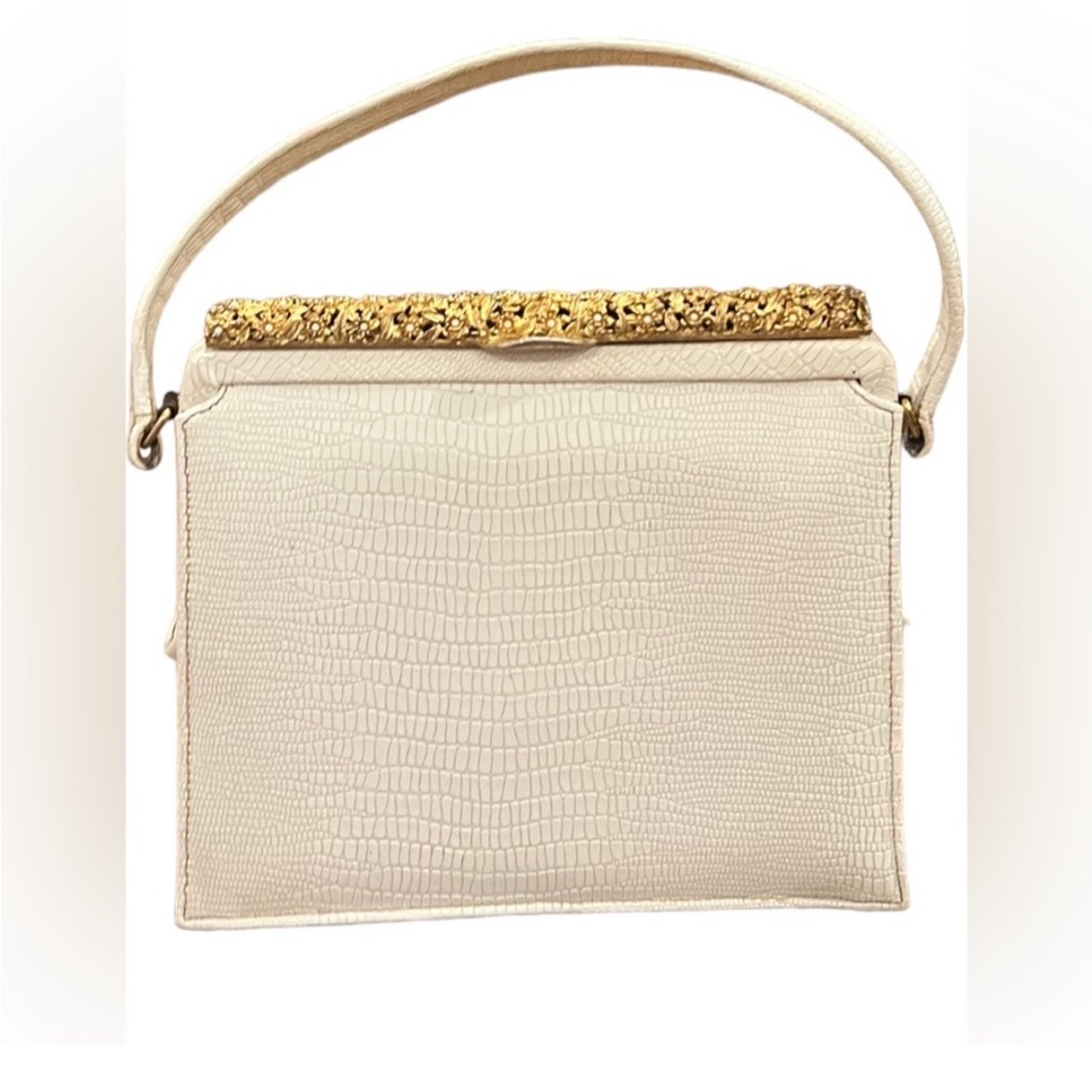 Chic Vintage Meyers Cream Leather Faux Lizard top handle bag unique gold closure